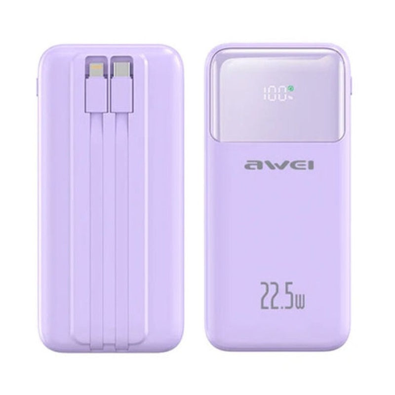 Awei P106K Power Bank 10000mAh 22.5W με 2 Θύρες USB-A και Θύρα USB-C Μωβ