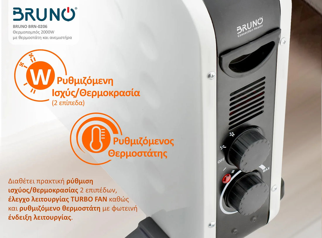 BRUNO Θερμοπομπός BRN-0206, 2000W, με θερμοστάτη και ανεμιστήρα, λευκός