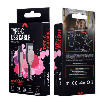 Maxlife Braided USB 2.0 Cable USB-C male - USB-C male 20W Μωβ 1m